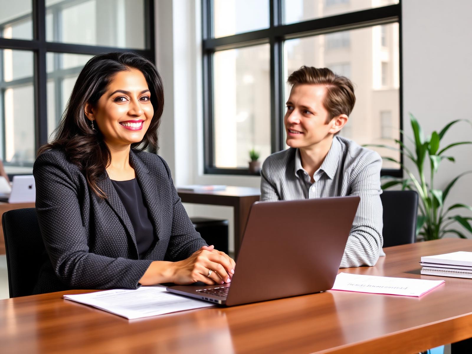 Licensed agent walking a client through Medicare options in a New York office